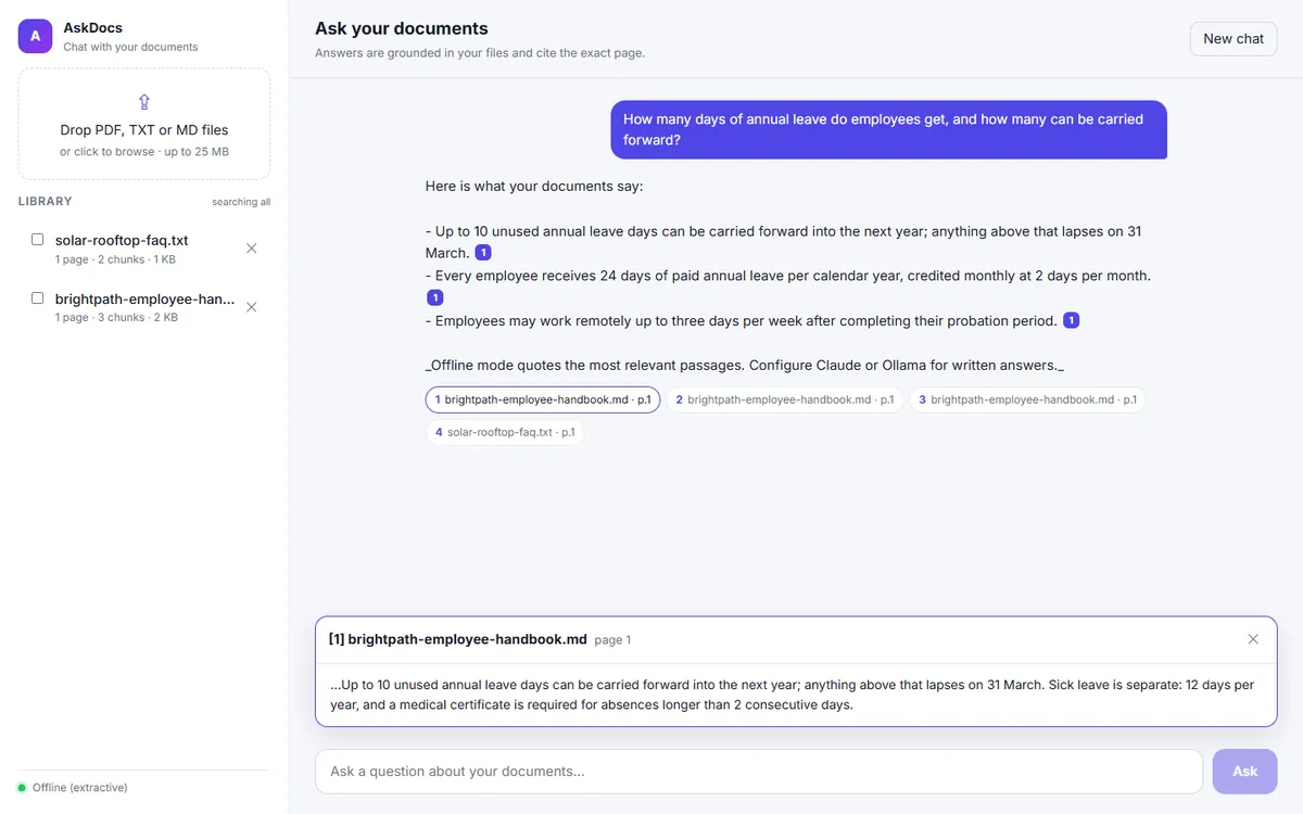 AskDocs chat answering a question with page citations