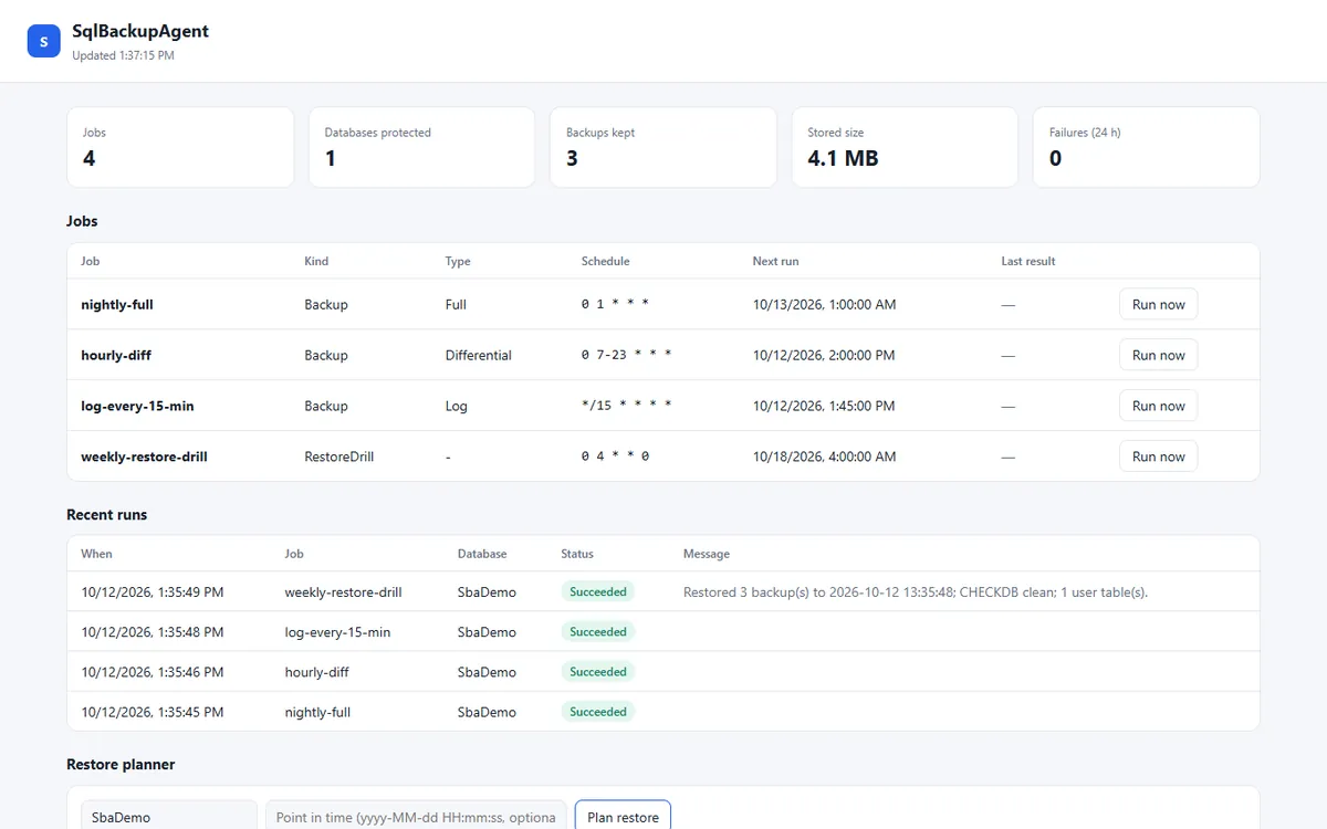 SqlBackupAgent status page with jobs, runs and restore planner